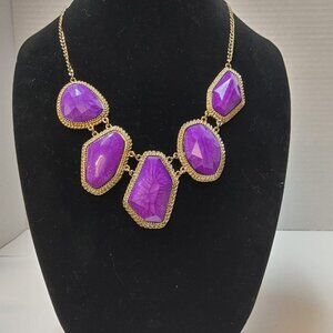 Gold tone Geomatric Purple Statement Necklace Womens Jewellry